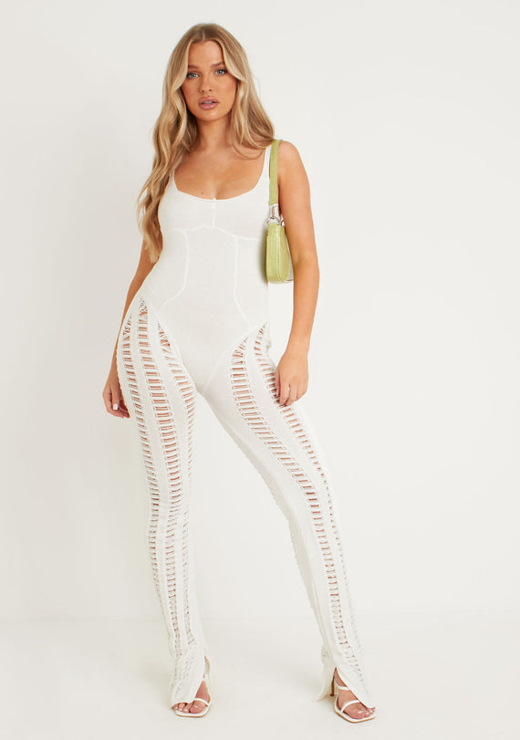 missyempire Eva Cream Laddered Knitted Seam Jumpsuit