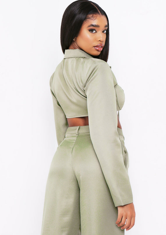 Missyempire Everly Khaki Tie Front Bust Detail Cropped Blazer Co-ord