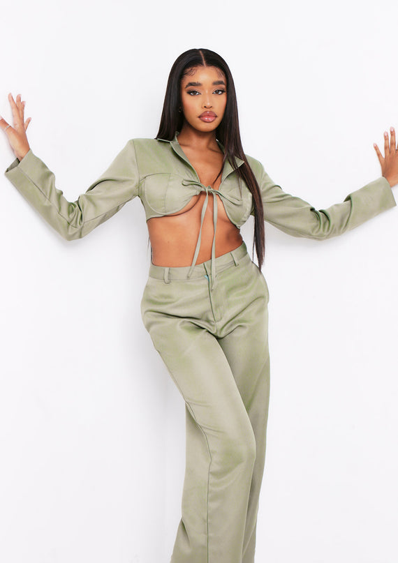 missyempire Everly Khaki Tie Front Bust Detail Cropped Blazer Co-ord