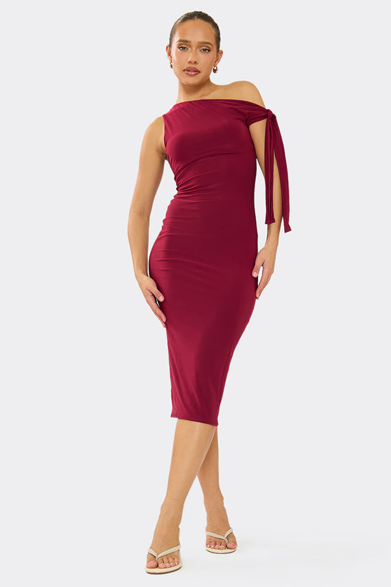 missyempire Everlyn Wine Tie Shoulder Super Soft Midi Dress