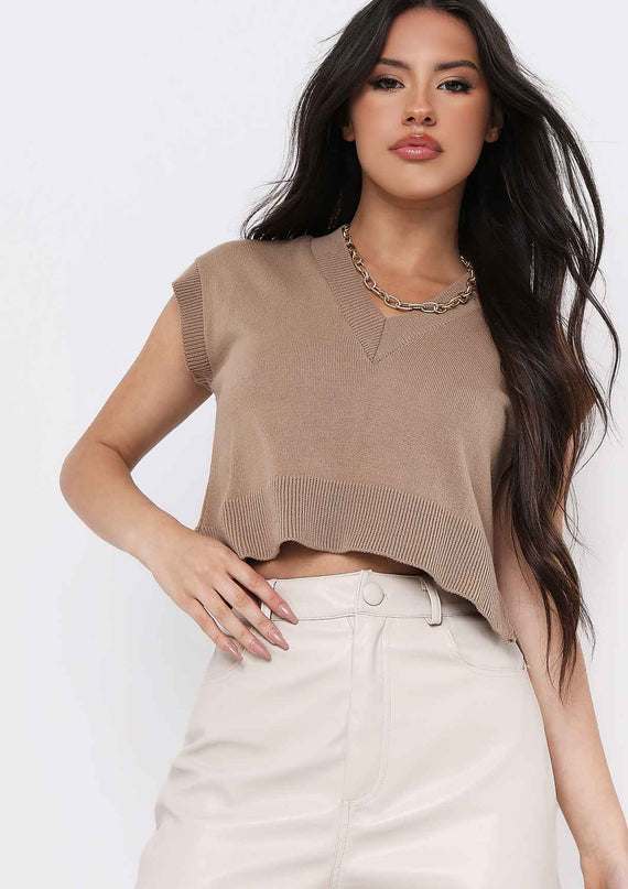 Missyempire Ezra Mocha V Neck Wide Fit Cropped Knitted Vest