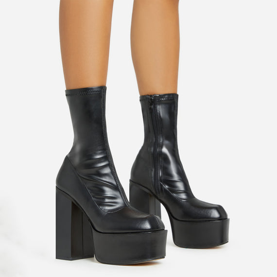 missyempire Fiji Square Toe Block Heel Platform Ankle Sock Boot In Black Faux Leather