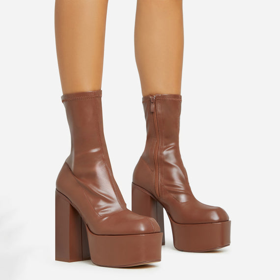 missyempire Fiji Square Toe Block Heel Platform Ankle Sock Boot In Dark Brown Faux Leather