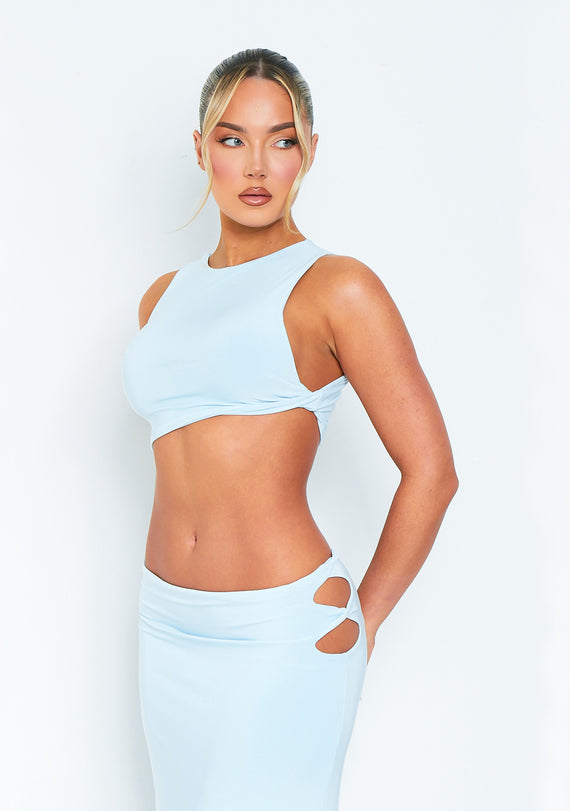 missyempire Frankie Baby Blue High Neck Racer Crop Top