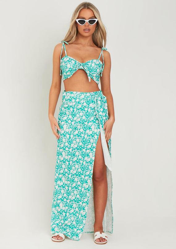 missyempire Frankie Teal Green Floral Printed Wrap Around Maxi Skirt