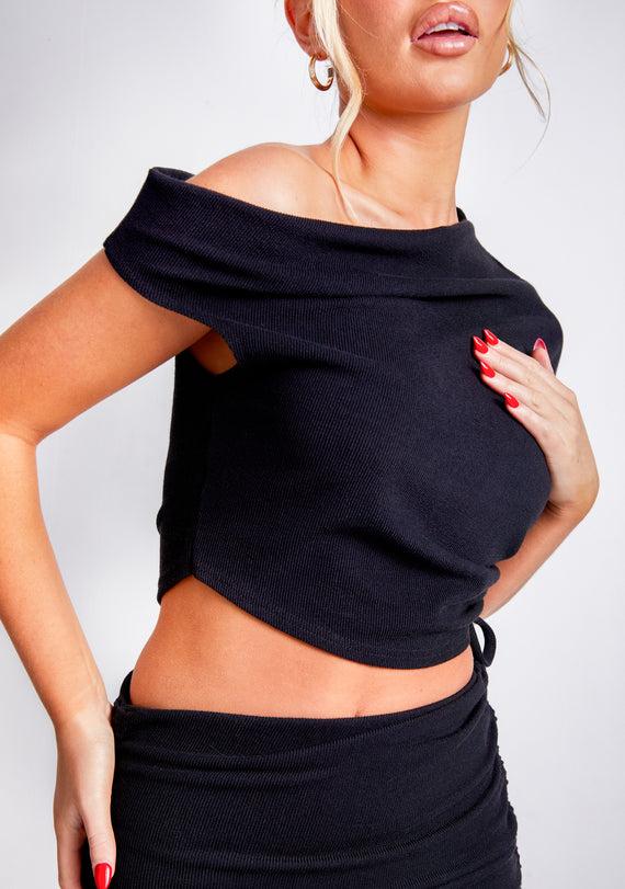 missyempire Freya Black Off The Shoulder Ruched Crop Top