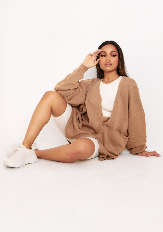 missyempire Freya Mocha Knitted Oversized Button Through V-Neck Cardigan Dress