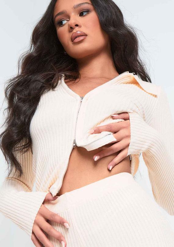 Missyempire Georga Beige Ribbed Knit Zip Up Cardigan & Legging Co-ord