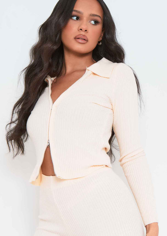 missyempire Georga Beige Ribbed Knit Zip Up Cardigan & Legging Co-ord