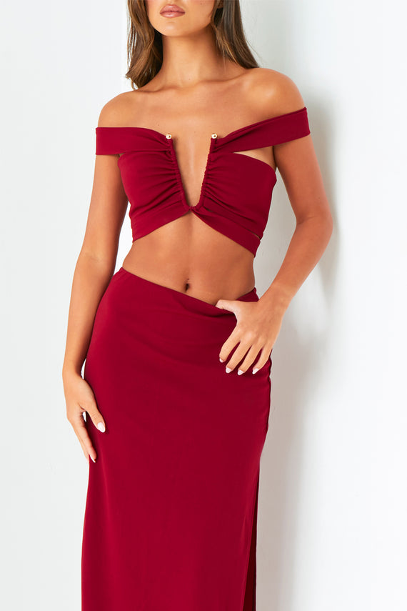 Missyempire Gigi Wine Plunge Cut Out Top With Gold Trim