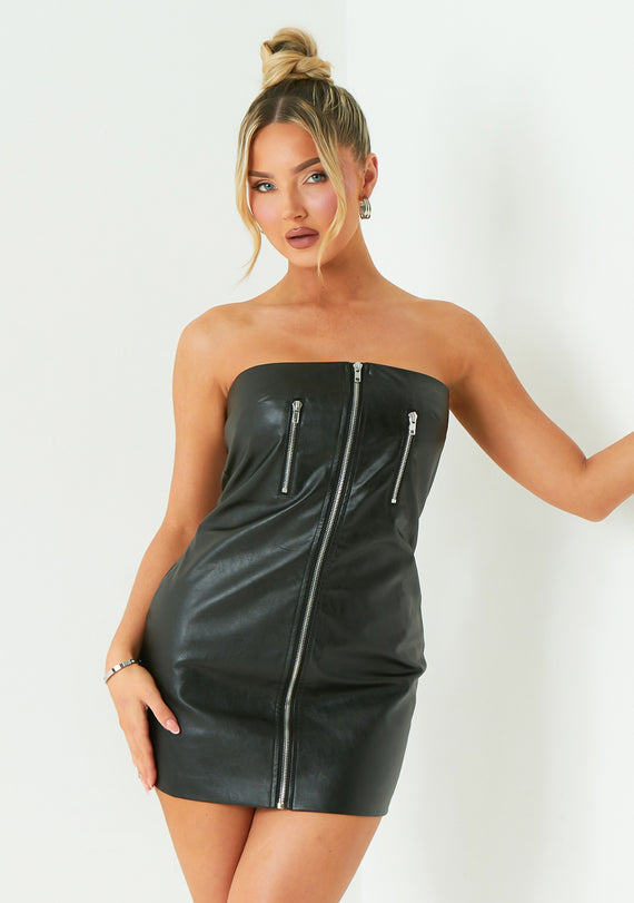 Missyempire Grace Black Zip Front Faux Leather Mini Dress