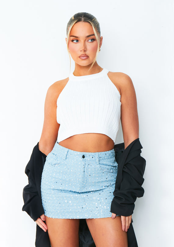 Missyempire Grace Light Blue Denim Sequin Mini Skirt