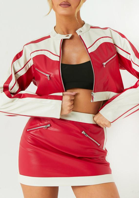 Missyempire Grace Red Contrast Faux Leather Cropped Biker Jacket