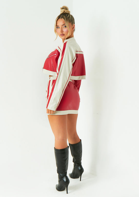 Missyempire Grace Red Contrast Faux Leather Cropped Biker Jacket