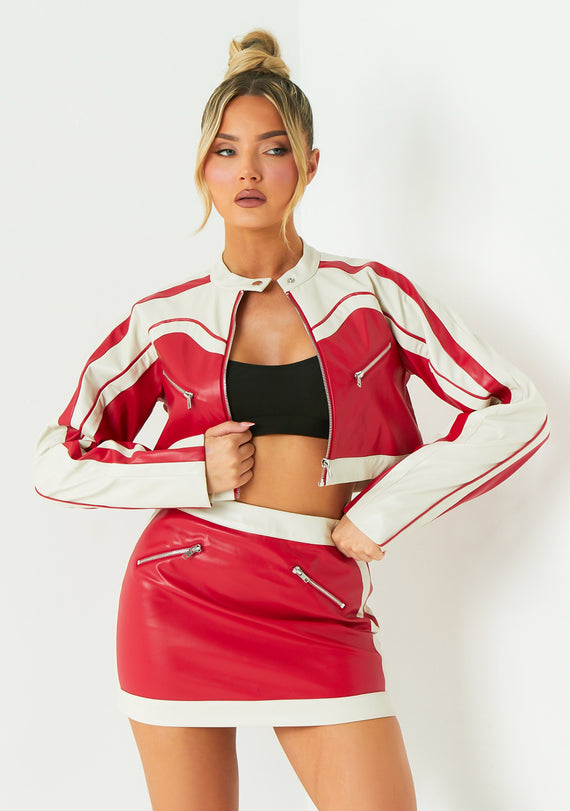 Missyempire Grace Red Contrast Faux Leather Cropped Biker Jacket