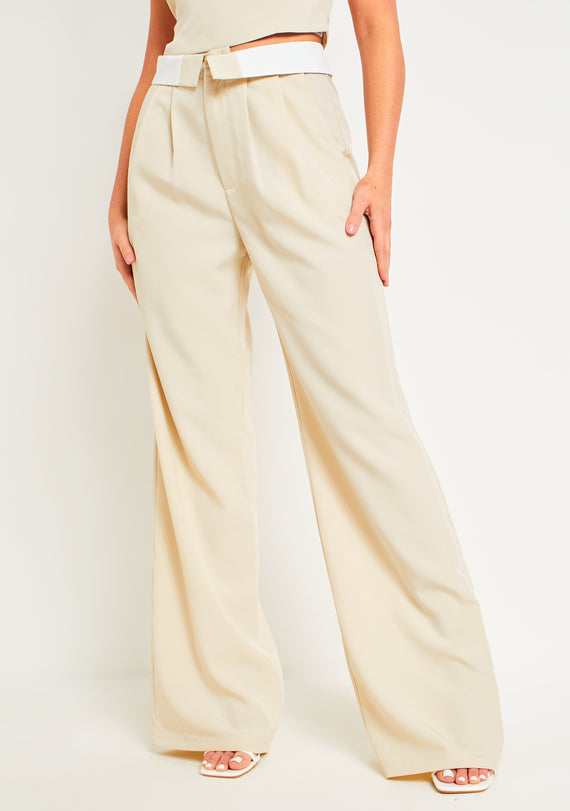 Missyempire Gracie Beige Fold Over Waist Wide Leg Trousers