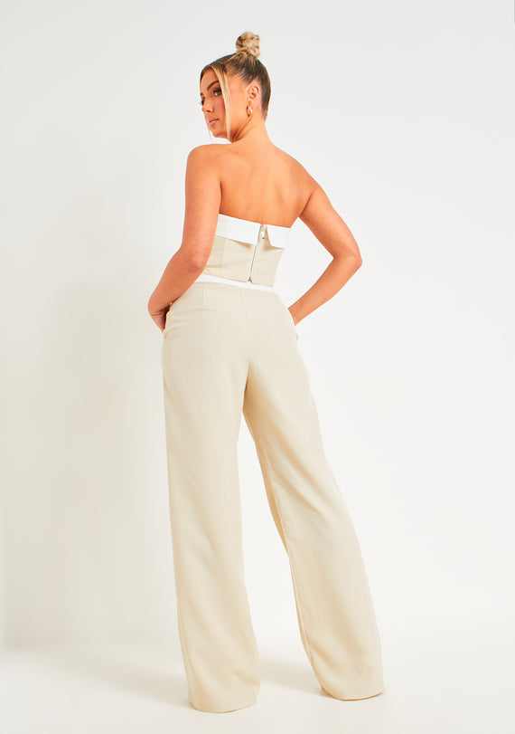 Missyempire Gracie Beige Fold Over Waist Wide Leg Trousers