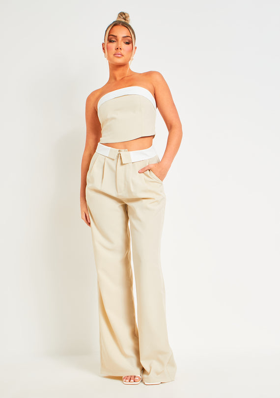 Missyempire Gracie Beige Fold Over Waist Wide Leg Trousers