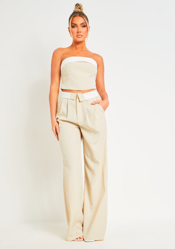 missyempire Gracie Beige Fold Over Waist Wide Leg Trousers