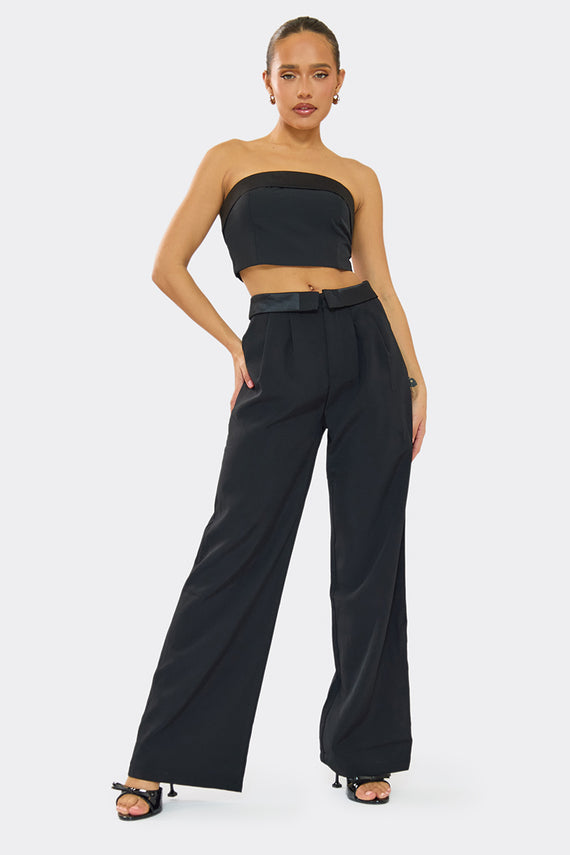 missyempire Gracie Black Satin Fold Over Waist Wide Leg Trousers