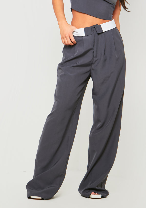 Missyempire Gracie Charcoal Fold Over Waist Wide Leg Trousers