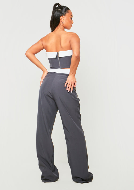 Missyempire Gracie Charcoal Fold Over Waist Wide Leg Trousers