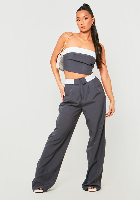missyempire Gracie Charcoal Fold Over Waist Wide Leg Trousers