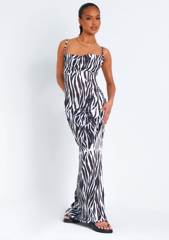 missyempire Hannah Zebra Print Satin Lace Up Back Maxi Dress