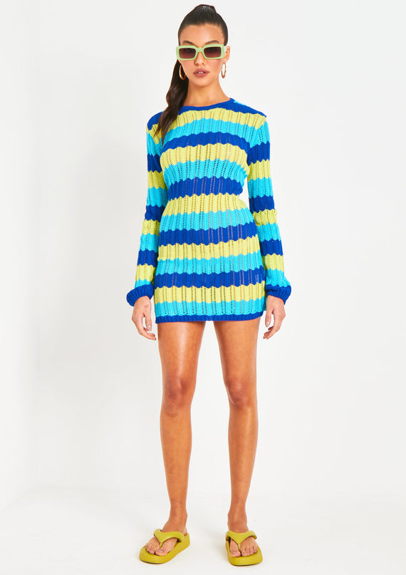 Missyempire Harleigh Blue Multi Crochet Knit Backless Mini Dress