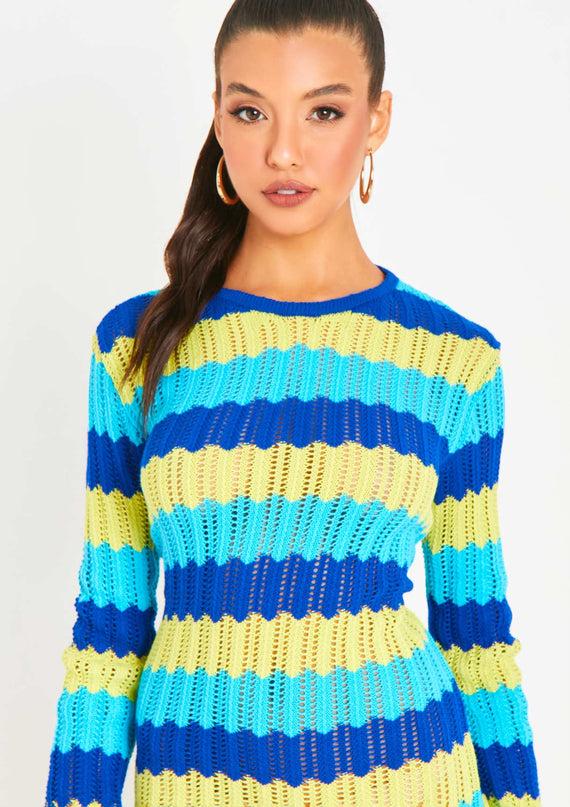 Missyempire Harleigh Blue Multi Crochet Knit Backless Mini Dress