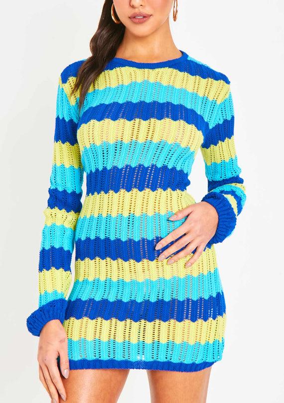 Missyempire Harleigh Blue Multi Crochet Knit Backless Mini Dress