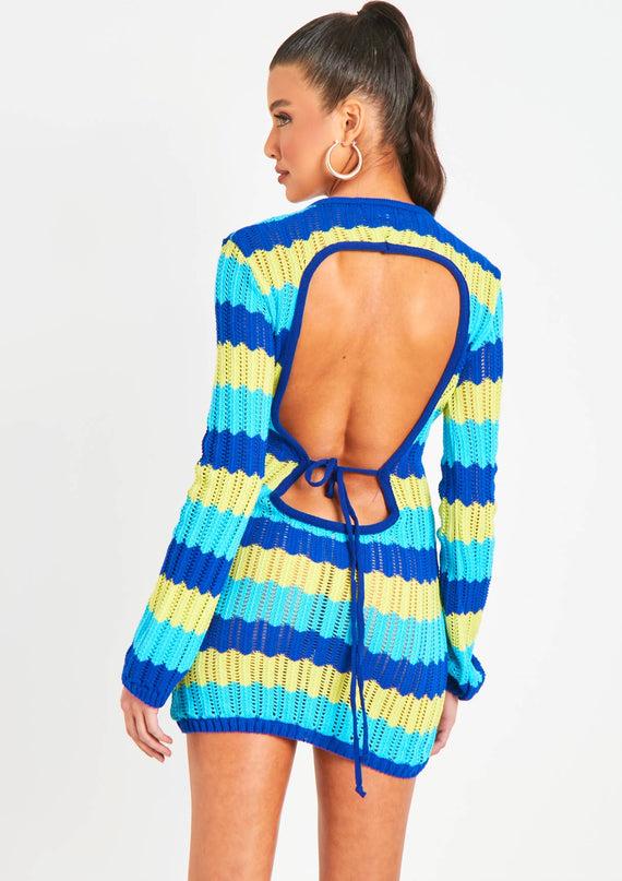 missyempire Harleigh Blue Multi Crochet Knit Backless Mini Dress