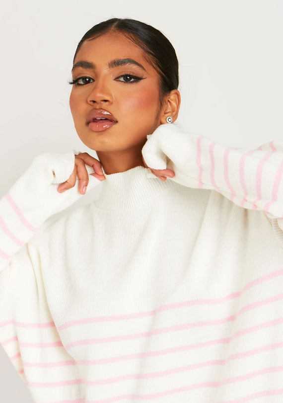 Missyempire Harriett Pink & Cream High Neck Oversized Long Sleeve Jumper