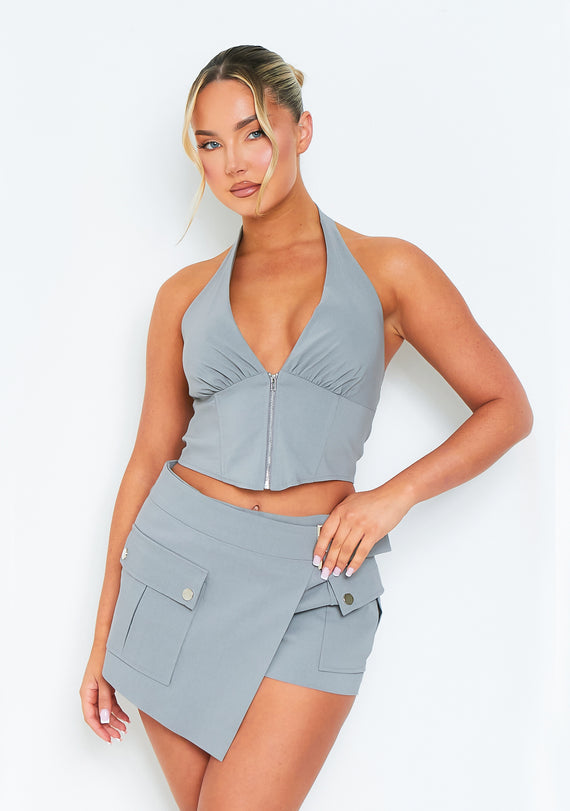 missyempire Imogen Grey Zip Corset Utility Halter Top