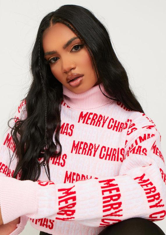 Missyempire Iris Pink Merry Christmas Knitted Crop High Neck Jumper