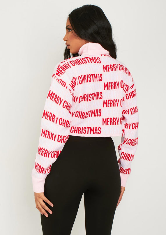 Missyempire Iris Pink Merry Christmas Knitted Crop High Neck Jumper