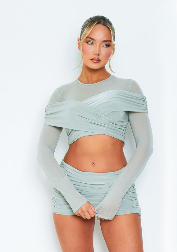 missyempire Ivy Sage Mesh Sleeve Cross Over Long Sleeve Top