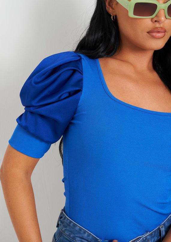 Missyempire Jade Blue Puff Sleeve Square Neck Bodysuit