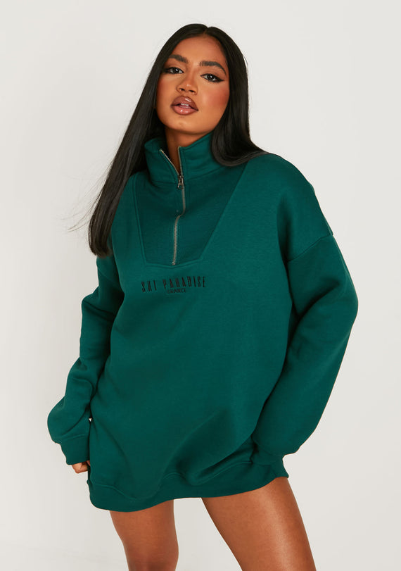 Missyempire Jamilla Dark Green Ski Paradise Embroidered Half Zip Sweater Dress