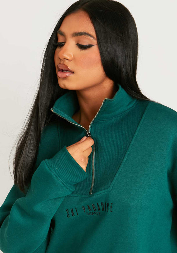 Missyempire Jamilla Dark Green Ski Paradise Embroidered Half Zip Sweater Dress