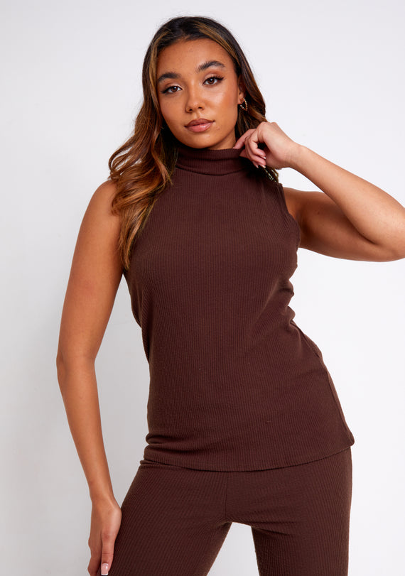 Missyempire Janie Chocolate Brushed Rib High Neck Knitted Sleeveless Top