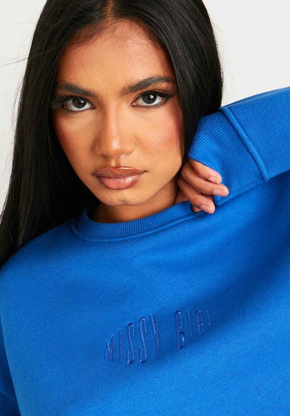 Missyempire Jasmine Blue Missy Girl Embroidered Oversized Sweatshirt