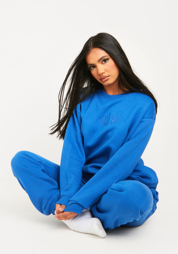 Missyempire Jasmine Blue Missy Girl Embroidered Oversized Sweatshirt