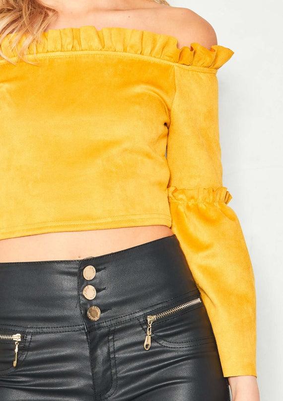 Missyempire Jasmine Mustard Suede Frill Edge Crop Top