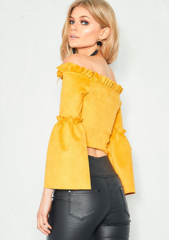 Missyempire Jasmine Mustard Suede Frill Edge Crop Top