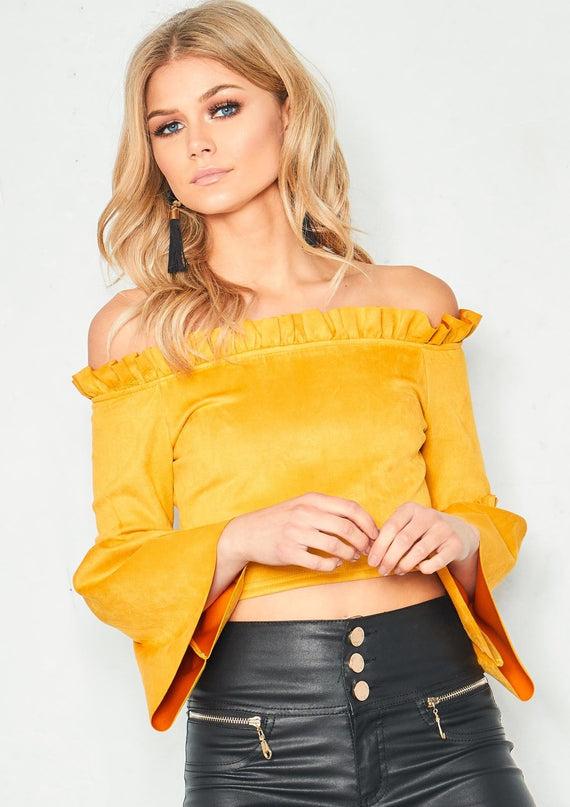 missyempire Jasmine Mustard Suede Frill Edge Crop Top