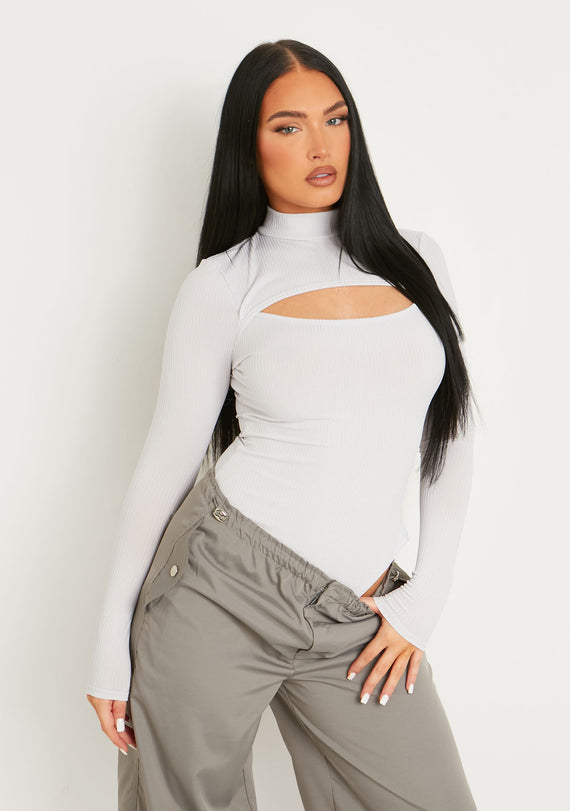 Missyempire Jayla Grey Ribbed Cut Out Turtle Neck Bodysuit
