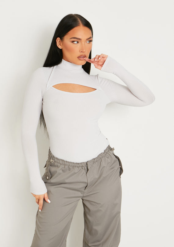 missyempire Jayla Grey Ribbed Cut Out Turtle Neck Bodysuit