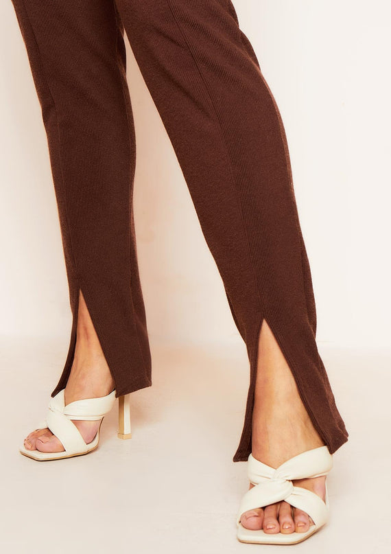 Missyempire Jaz Chocolate Ribbed Split Front Leggings