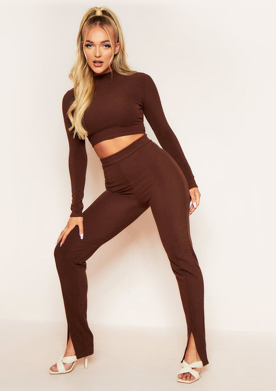 missyempire Jaz Chocolate Ribbed Split Front Leggings